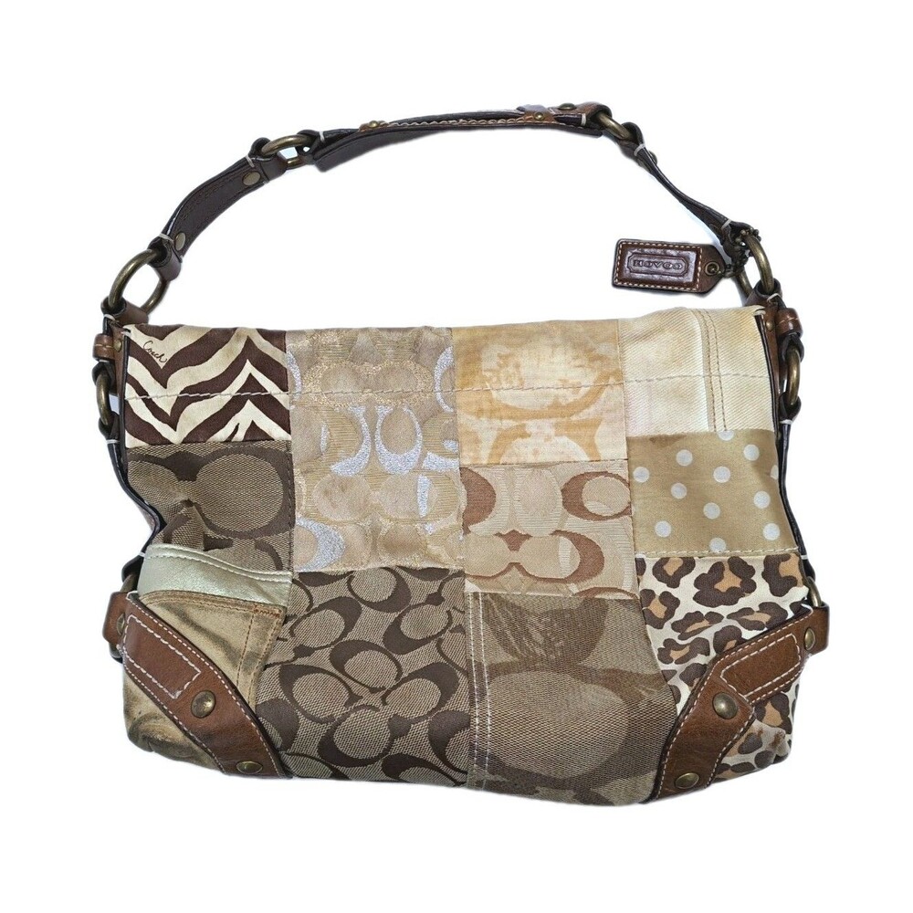 Coach Carly 10814 Y2K Patchwork Signature Hobo Shoulder Bag Brown Tan Canvas